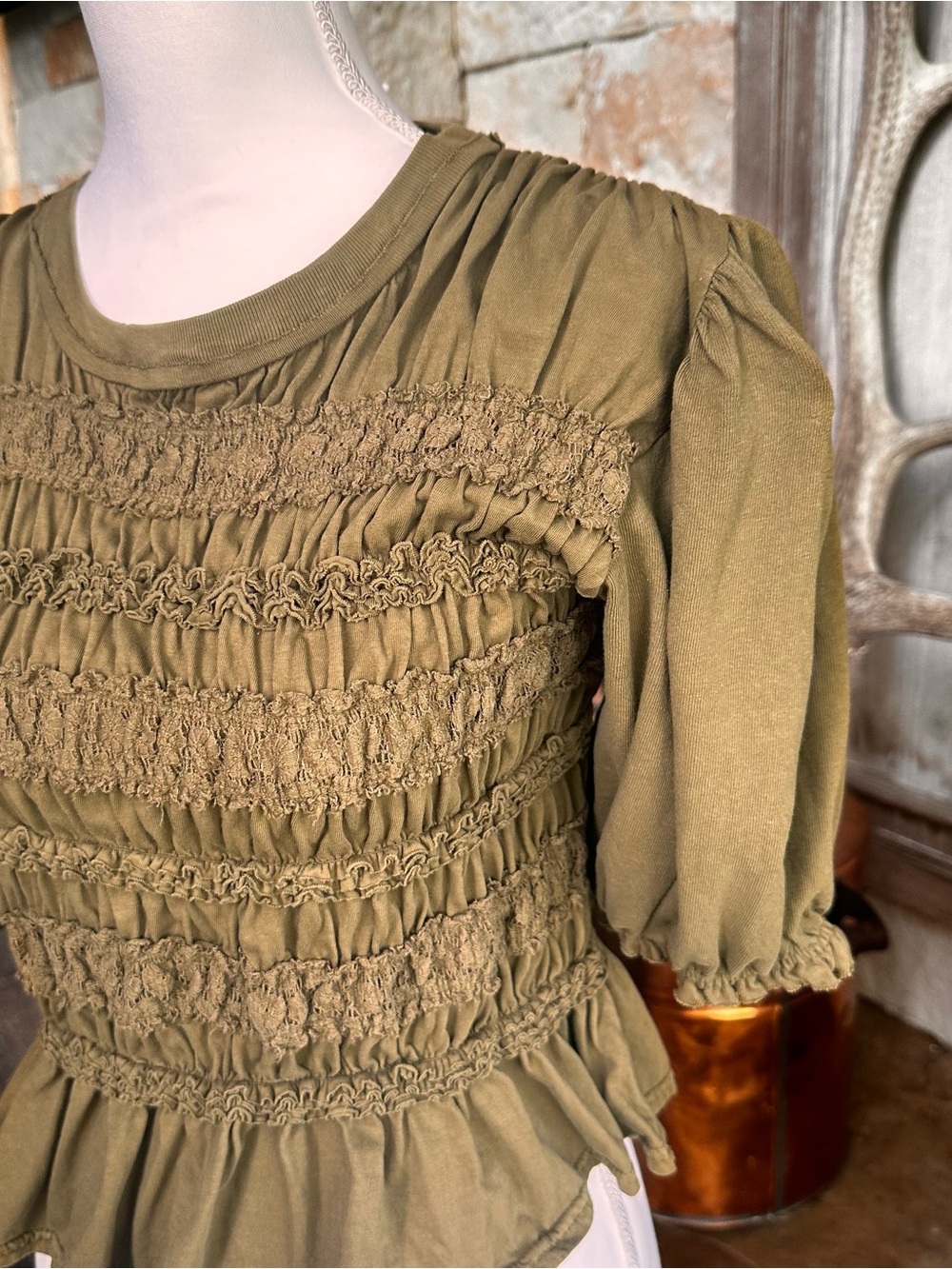 Free People Olive Smocked Long Sleeve Peasant Top Dress